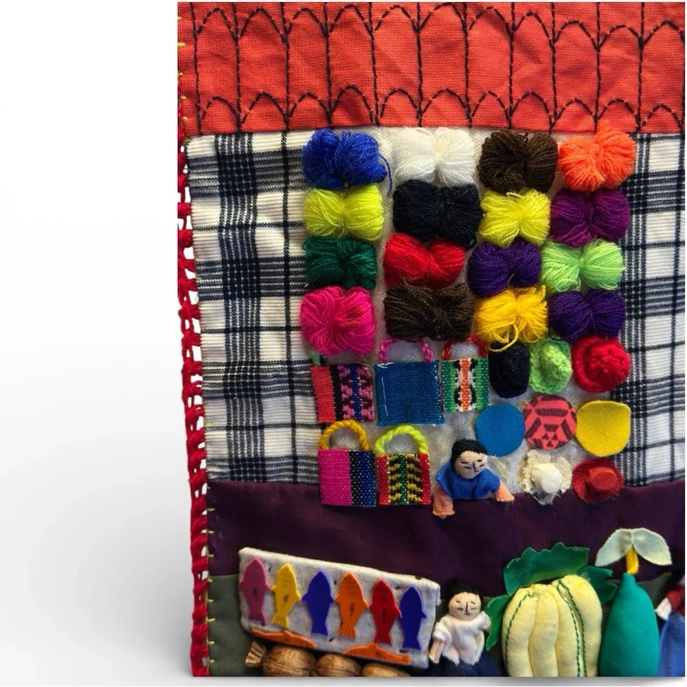 Lg. Vtg 3D Peruvian Arpillera Mercado Andean Llama FolkArt Market Tapestry 19x37